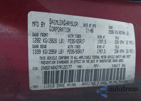 2007 Chrysler Pacifica from USA, damaged, VIN 2A8GF48X27R122177